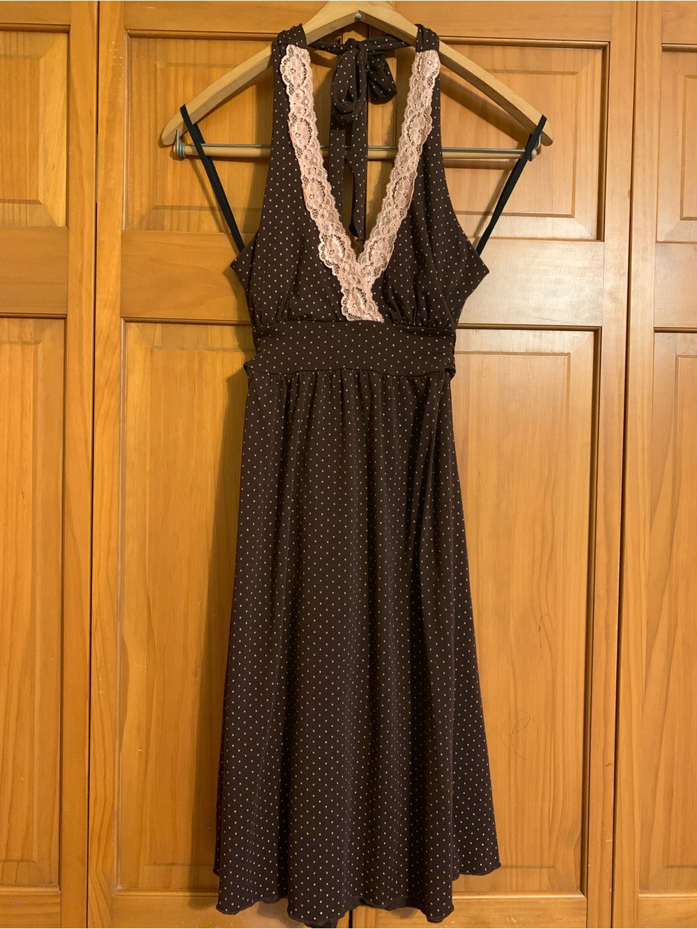 Y2K Brown Polka Dot Halter Dress with Lace Trim